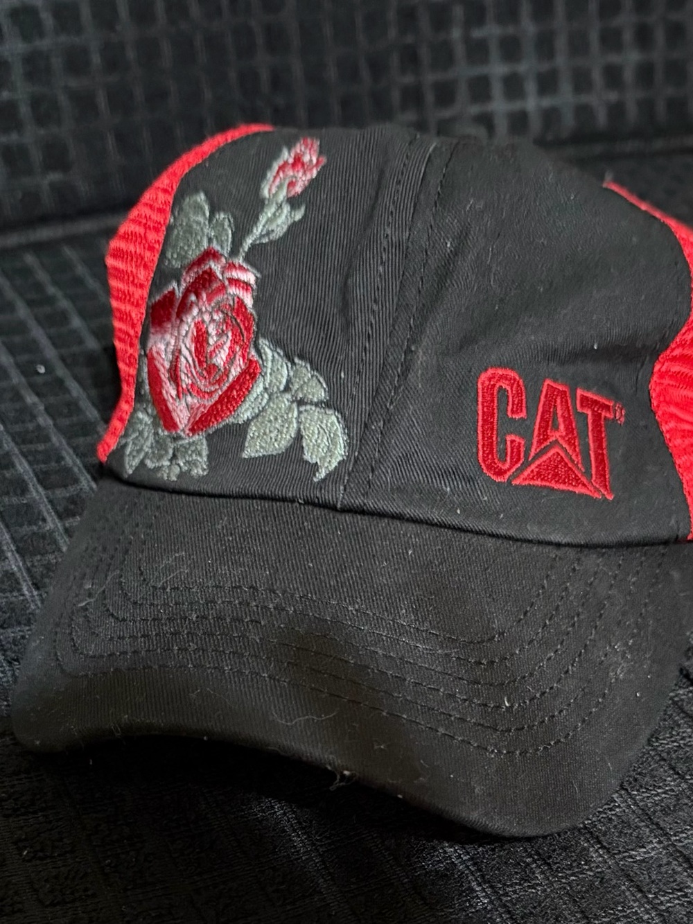 Caterpillar Black & Red Rose Embroidered Cap
